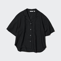 Льняная рубашка с открытым воротником и короткими рукавами UNIQLO, черный