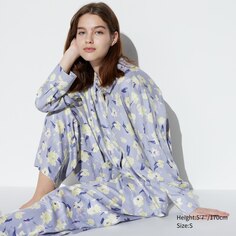 Атласные пижамы с длинными рукавами с цветочным принтом UNIQLO, синий