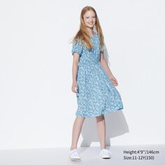 Платье с короткими рукавами и вискусом с цветочным принтом для девочек UNIQLO, синий