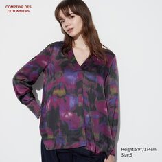 Блузка с длинными рукавами вискусный UNIQLO, фиолетовый