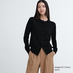 Кардиган из 100% тонкого мериноса с круглым вырезом UNIQLO, черный