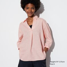 Рубашка из 100% льна премиум премиум с воротником 3/4 и рукавами UNIQLO, розовый