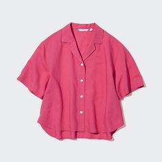 Льняная рубашка с открытым воротником и короткими рукавами UNIQLO, розовый
