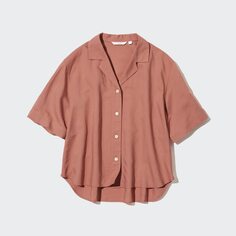 Льняная рубашка с открытым воротником и короткими рукавами UNIQLO, коричневый
