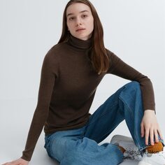 Джемпер из 100% тонкого мериноса в ребрику UNIQLO, темно-коричневый