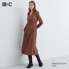 Платье с длинными рукавами и запахом с принтом UNIQLO, коричневый