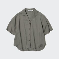 Льняная рубашка с открытым воротником и короткими рукавами UNIQLO, оливковый