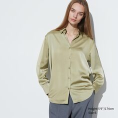 Атласная блузка с длинными рукавами UNIQLO, зеленый