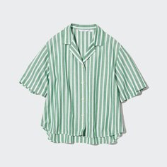 Льняная рубашка в полоску с открытым воротником и короткими рукавами UNIQLO, зеленый