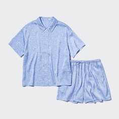 Атласные пижамы с короткими рукавами с принтом UNIQLO, синий