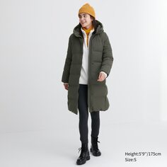 Длинное бесшовное пальто на пухе UNIQLO, темно-зеленый