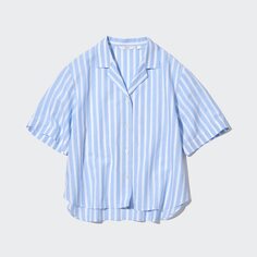 Льняная рубашка в полоску с открытым воротником и короткими рукавами UNIQLO, светло-синий