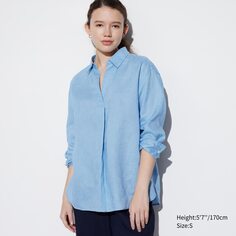 Рубашка из 100% льна премиум премиум с воротником 3/4 и рукавами UNIQLO, синий