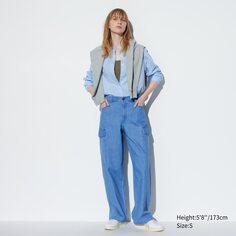 Деним широкие прямые брюки-карго (длинные) UNIQLO, синий