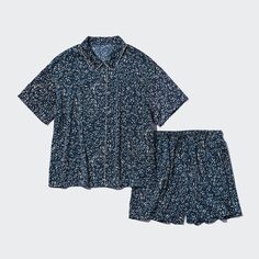 Атласные пижамы с короткими рукавами с принтом UNIQLO, темно-синий