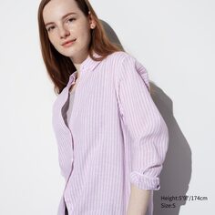 Льняная рубашка премиум в полоску с длинными рукавами UNIQLO, фиолетовый