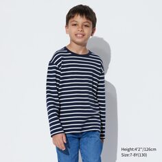 Детская футболка из мягкого хлопка в полоску с круглым вырезом и длинными рукавами UNIQLO, темно-синий