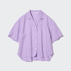 Льняная рубашка с открытым воротником и короткими рукавами UNIQLO, фиолетовый