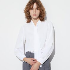 Блузка из искусственного шелка с бантиком (длинный рукав) UNIQLO, белый