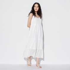 Платье-бретелька из мятого хлопка (стандартная длина 113,5-124см) UNIQLO, белый