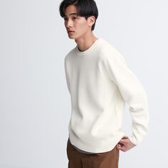 Моющийся свитер в рубчик с круглым вырезом и длинными рукавами milano UNIQLO, молочный