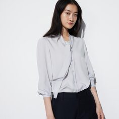 Блузка из искусственного шелка с бантиком (длинный рукав) UNIQLO, светло-серый
