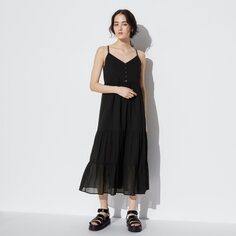 Платье-бретелька из мятого хлопка (стандартная длина 113,5-124см) UNIQLO, черный
