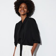 Блузка из искусственного шелка с бантиком (длинный рукав) UNIQLO, черный
