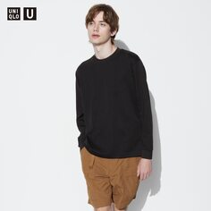 Хлопковая футболка AIRism с круглым вырезом (длинный рукав) UNIQLO, черный