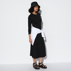 Платье-клеш в рубчик (длинные рукава, стандартная длина, 110,5-121,5 см) UNIQLO, черный