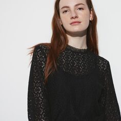 Кружевная блузка (длинный рукав) UNIQLO, черный