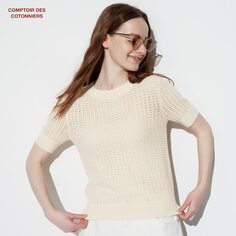 Льняной хлопковый ажурный свитер (с коротким рукавом, comptoir de cotonnier) UNIQLO, естественный