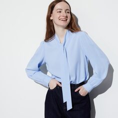 Блузка из искусственного шелка с бантиком (длинный рукав) UNIQLO, светло-синий