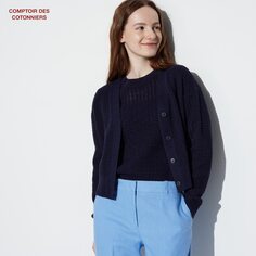 Ажурный кардиган из льна и хлопка (длинный рукав, comptoir de cotonnier) UNIQLO, темно-синий