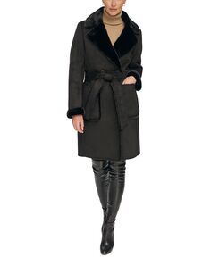 Женское пальто из искусственной дубленки с поясом и зубчатым воротником для миниатюрных размеров DKNY, черный