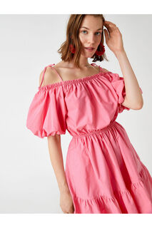Многослойное платье из поплина с объемными рукавами и открытыми плечами Koton, розовый