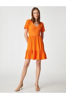 Многослойное мини-платье с короткими рукавами и V-образным вырезом Koton, оранжевый