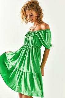 Женское мини-платье фисташкового цвета с эластичной резинкой на талии и воротником-карменом Olalook, зеленый
