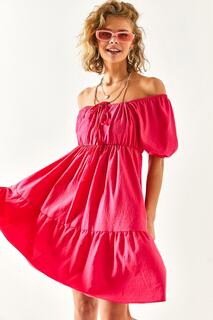 Женское мини-платье цвета фуксии с эластичной резинкой на талии и воротником-кармен Olalook, розовый