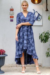 Женское многослойное платье темно-синего цвета с v-образным вырезом и декоративными пуговицами в виде пальмы, короткое спереди и длинное сзади Chiccy, темно-синий