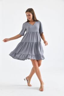 Женское многослойное платье Airobin с v-образным вырезом VOLT CLOTHİNG, серый