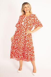 Женское многоуровневое платье большого размера из красной тканой вискозной ткани с воланами и рукавами по подолу 65n34435 Şans, красный