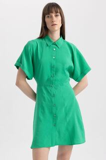 Модальное мини-платье с короткими рукавами и воротником-рубашкой DeFacto, зеленый