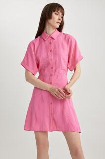 Модальное мини-платье с короткими рукавами и воротником рубашки DeFacto, розовый