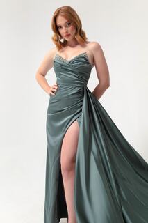 Женское мятно-зеленое длинное вечернее платье с камнями на груди Lafaba, синий