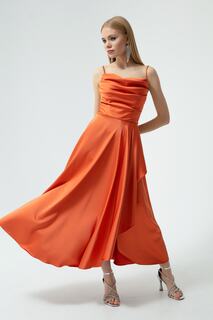 Женское оранжевое атласное вечернее платье миди с разрезом и воланами и выпускным платьем Lafaba, оранжевый