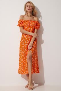 Женское оранжевое летнее вискозное платье с воротником «Кармен» и цветочным принтом Happiness İstanbul, оранжевый