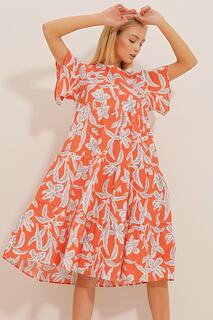 Женское оранжево-белое платье из поплина с круглым вырезом и воланами с цветочным узором Trend Alaçatı Stili, оранжевый