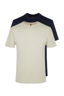 Мужская базовая приталенная футболка темно-синего цвета из 100 % хлопка, комплект из 2 футболок с короткими рукавами Trendyol, темно-синий