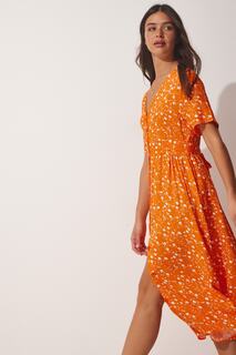 Женское оранжевое летнее вискозное платье на пуговицах с цветочным принтом Happiness İstanbul, оранжевый
